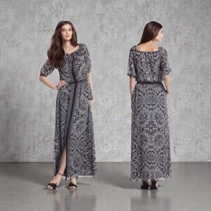 White House Black Market Off Shoulder Maxi Dress Boho Paisley Print Black Whit 6